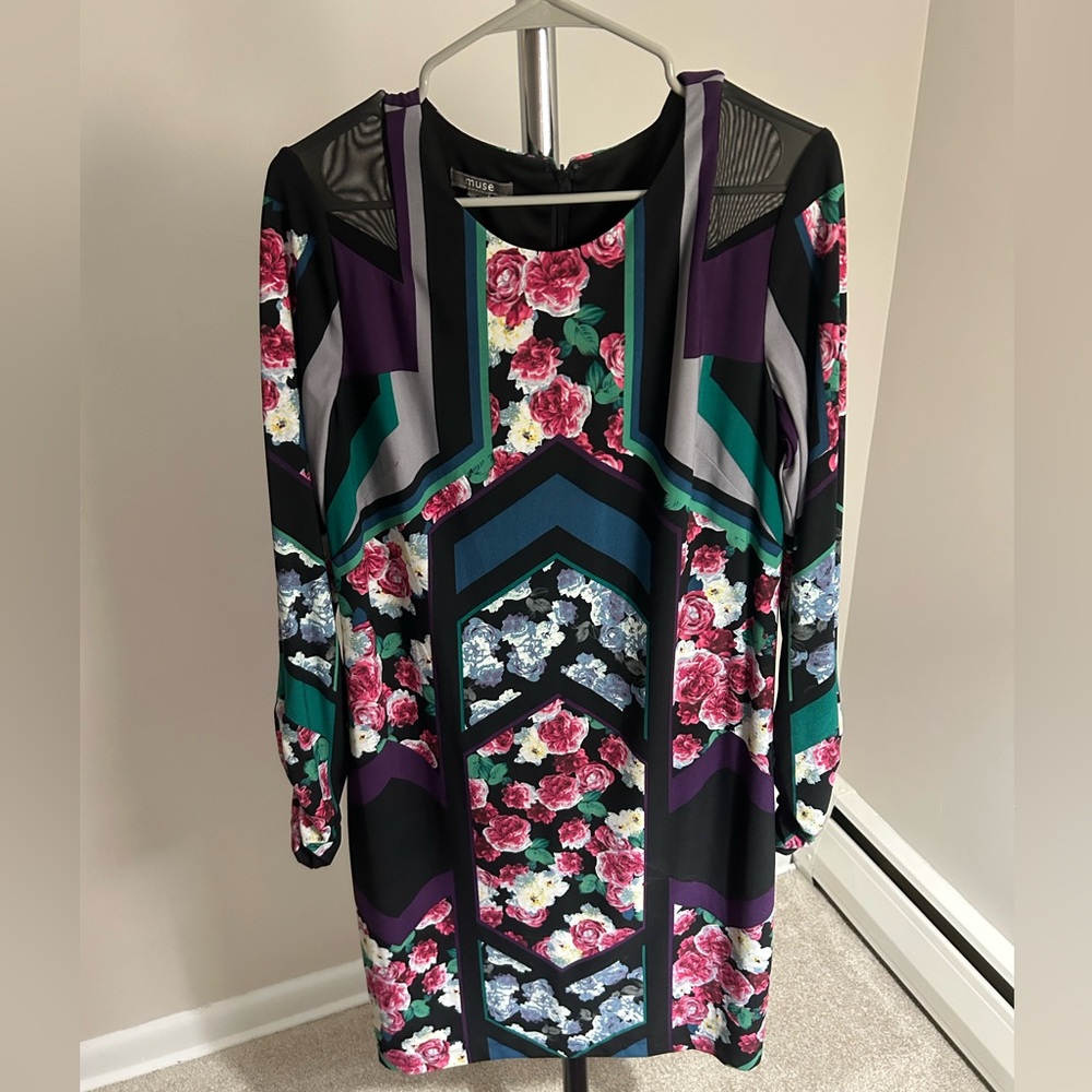 Floral multi-color dress with mesh sleeves size 12 Muse
